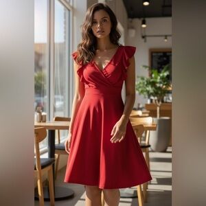 Arula Red Mini Dress A-line Ruffle Bow V-neck False Wrap Size 1X NWT